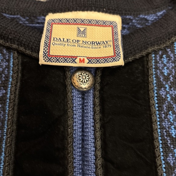 Dale of Norway Pure Wool Cardigan Sweater M Norwegian Blue Black Velvet Trim - Picture 7 of 16